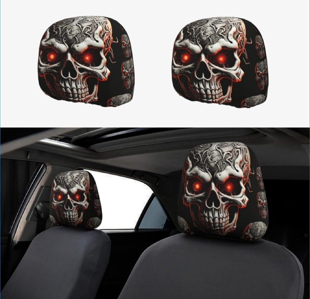 Capa de Encosto de Cabeça com Estampa de Caveira Preta para Carro, Estilo Elástico Universal, Divertida e Interessante